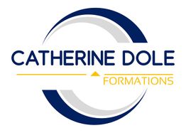 Logo avec texte "Catherine Dole Formations" en bleu et jaune, entouré de cercles bleus et gris.