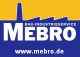 Logo von MEBRO Bau-Industrieservice mit Webseite www.mebro.de, gelber Hintergrund, blaue Schrift.