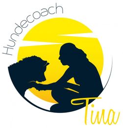Silhouette einer Frau, die einem Hund die Pfote hält, mit gelbem Hintergrund und Aufschrift "Hundecoach Tina".