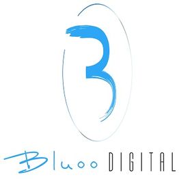 Logo of "Bluoo Digital" with a stylized blue "B" inside an oval outline.