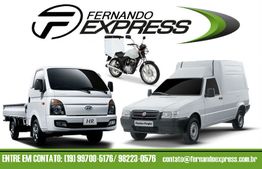 Caminhões e moto brancos com logotipo "Fernando Express" e contatos para mais informações.