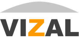 Logo mit dem Schriftzug "VIZAL", wobei das "Z" orange und der Rest schwarz ist, oben ein grauer Bogen.