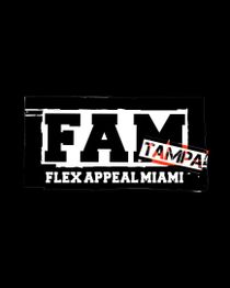 Bold "FAM" logo with "Flex Appeal Miami" and a red-stamped "TAMPA" over Miami.