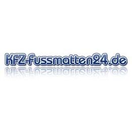 Blaues Logo mit der Aufschrift "kfz-fussmatten24.de" und einem leichten Spiegelungseffekt.