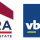 Logo met tekst: "vb&t", blauwe en rode kleuren met gele accenten.