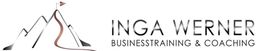 Stilisiertes Berglogo mit Pfad und Fahne, Text: Inga Werner, Businesstraining & Coaching.