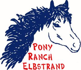 Blaues Pony mit Schriftzug "Pony Ranch Elbstrand" in roter Farbe, skizzenhaft gezeichnet.