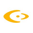 Abstraktes gelbes Logo mit gebogenen Formen, die ein Auge oder ein geometrisches Muster darstellen.