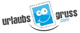 Logo mit blauem Smiley in Briefmarke, Text: "urlaubsguss.com".