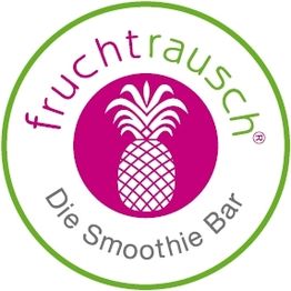 Ein Logo mit Ananas und Text „fruchtrausch - Die Smoothie Bar“ in Grün und Lila.