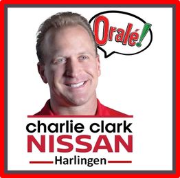 Smiling person with "Orale!" speech bubble, text: "Charlie Clark Nissan Harlingen".