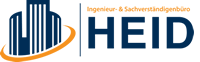 Logo der Ingenieur- und Sachverständigenbüro HEID mit stilisiertem Gebäude und orangener Linie.