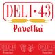 Imagem com logotipo "DELI•43 Pavelka" e desenhos de mãos sobre fundo vermelho e branco.