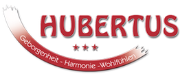 Logo mit "HUBERTUS", drei Sternen und Slogan: Geborgenheit - Harmonie - Wohlfühlen.