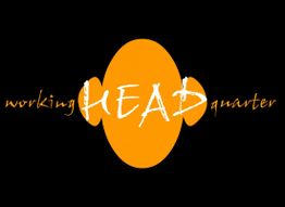 Schwarzer Hintergrund mit orangem Oval und Text: "working HEADquarter" in weiß und orange.