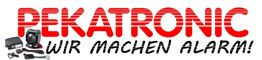 "Logo von Pekatronic mit Slogan 'Wir machen Alarm!' und Abbildungen von Alarmsystemkomponenten."