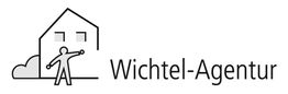 Logo der "Wichtel-Agentur": Strichmännchen neben Haus, Text rechts daneben.