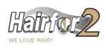 Logo mit Schriftzug "Hairfor2," grauer Hintergrund und Slogan "We love hair!" in Beige.