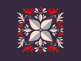 Diseño floral simétrico en tonos gris y rojo sobre fondo púrpura.