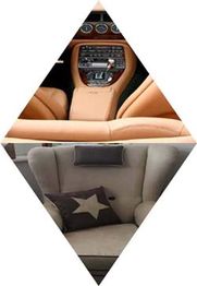 Diamantförmiges Bild: Oben Auto-Innenraum, unten grauer Sessel mit Sternkissen.