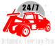Red tow truck with "24/7" on top; text below reads "Orlando Towing Pro."