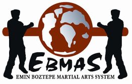 EBMAS Logo: Zwei Silhouetten mit Kampfsportposen, Weltkarte im Hintergrund, Schriftzug "EBMAS".