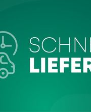 „Schnelle Lieferung“-Text auf grünem Hintergrund mit LKW- und Uhr-Symbol.