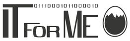 Logo mit Text "IT for ME", Binärcode und ovalem Symbol mit Bergmotiv.