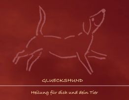 Abstraktes Bild eines laufenden Hundes auf rotem Hintergrund, Text: "GLUECKSHUND".