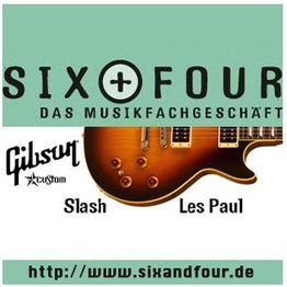 Logo von Six + Four Musikgeschäft, mit Gibson Les Paul Slash E-Gitarre und URL www.sixandfour.de.