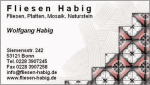 Visitenkarte von Fliesen Habig mit Adresse, Telefon, E-Mail und Mosaikmuster auf der rechten Seite.