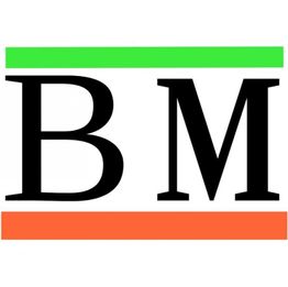Buchstaben "B M" zwischen grüner und oranger Linie auf weißem Hintergrund.