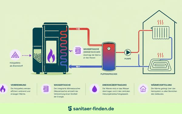 Grafik zur Funktion eines wasserführenden Pelletofens.