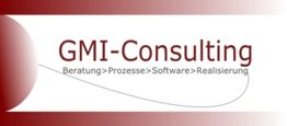 GMI-Consulting-Logo mit Slogan: Beratung, Prozesse, Software, Realisierung auf rotem Hintergrund.