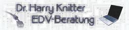 Text: "Dr. Harry Knitter EDV-Beratung" mit einem Laptop und Stecker auf grauem Hintergrund.