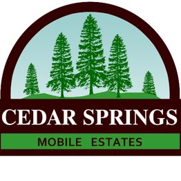 Logo of Cedar Springs Mobile Estates with green trees and text on brown and green background.