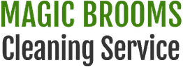 "Magic Brooms Cleaning Service" text in green and black.