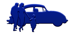 Silhouet van een gezin dat hand in hand loopt bij een klassieke auto.