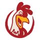 Stylized cartoon rooster in a red circular frame, featuring a comb and beak.