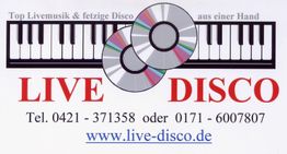 Klavier, CDs, Text "LIVE DISCO", Telefonnummern und Website-URL: www.live-disco.de