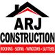 ARJ Construction logo with roofing, siding, windows, gutters text under a house silhouette.