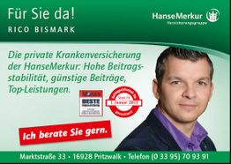 Mann mit Anzug und Text zur Krankenversicherung HanseMerkur und Beratungsangebot.