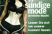 Frau in Korsett, Text: "sündige mode, sinnliche Macht".