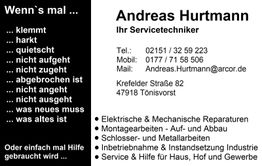 Visitenkarte von Andreas Hurtmann, Servicetechniker, mit Kontaktinformationen und angebotenen Leistungen.