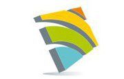 Abstraktes Logo mit bunten, gebogenen Streifen in Gelb, Grün und Blau auf weißem Hintergrund.