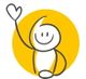Strichmännchen mit Herzform als Hand vor gelbem Kreis, lächelt und winkt.