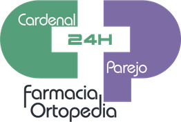 Logotipo de farmacia Cardenal Parejo 24H, colores verde y morado. Texto: Farmacia Ortopedia.