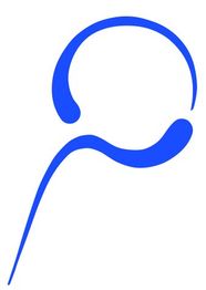 Blaues, abstraktes Icon eines Kopfes mit Headset auf weißem Hintergrund.