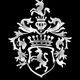 Wappen mit Krone und Löwe, umgeben von dekorativen Blattmustern auf schwarzem Hintergrund.