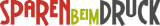 Textlogo: "SPAREN BEIM DRUCK" in bunten Buchstaben auf transparentem Hintergrund.